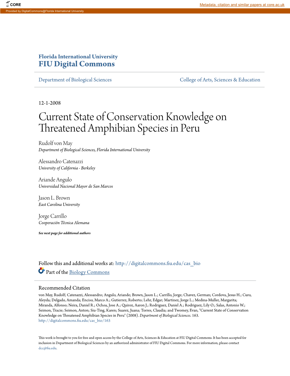 Current State of Conservation Knowledge on Threatened Amphibian Species in Peru Rudolf Von May Department of Biological Sciences, Florida International University