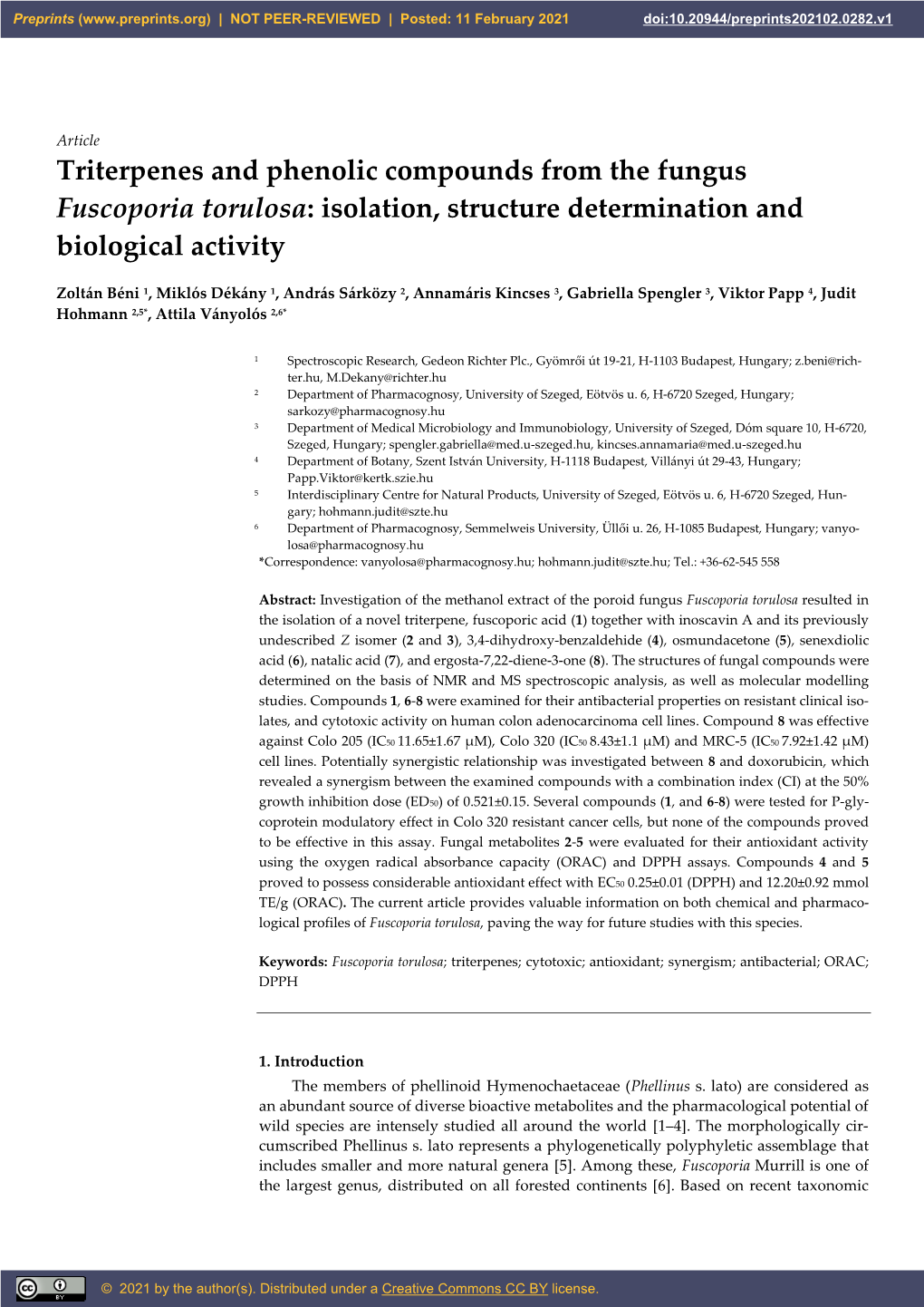 Triterpenes and Phenolic Compounds from the Fungus Fuscoporia Torulosa: Isolation, Structure Determination and Biological Activity