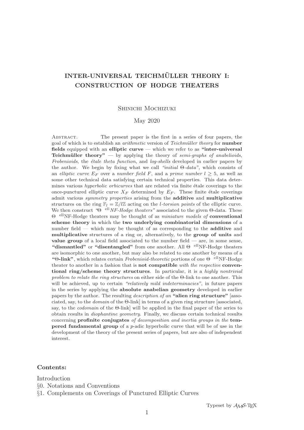 Inter-Universal Teichmüller Theory I: Construction of Hodge Theaters