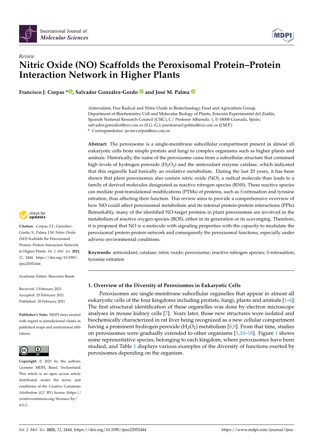 Nitric Oxide (NO) Scaffolds the Peroxisomal Protein–Protein Interaction Network in Higher Plants