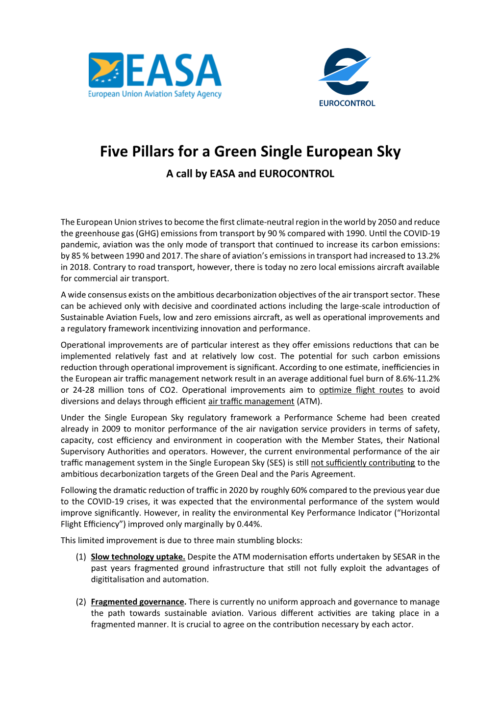 Five Pillars for a Green Single European Sky a Call by EASA and EUROCONTROL