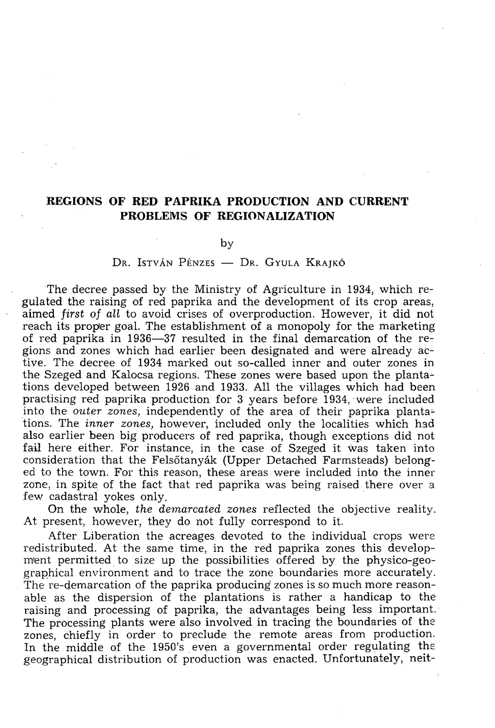 Regions of Red Paprika Production and Current Problems of Regionalization