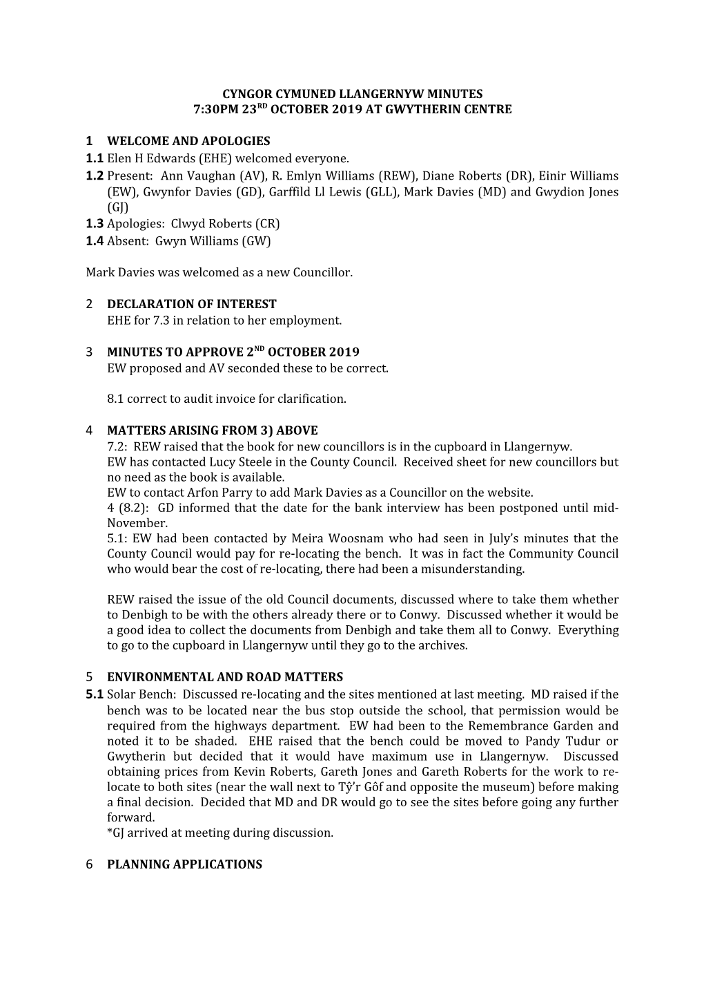 Cyngor Cymuned Llangernyw Minutes 7:30Pm 23Rd October 2019 at Gwytherin Centre