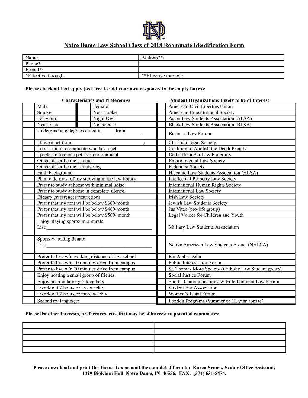 Notre Dame Law School Class of 2005 Roommate Identification Form