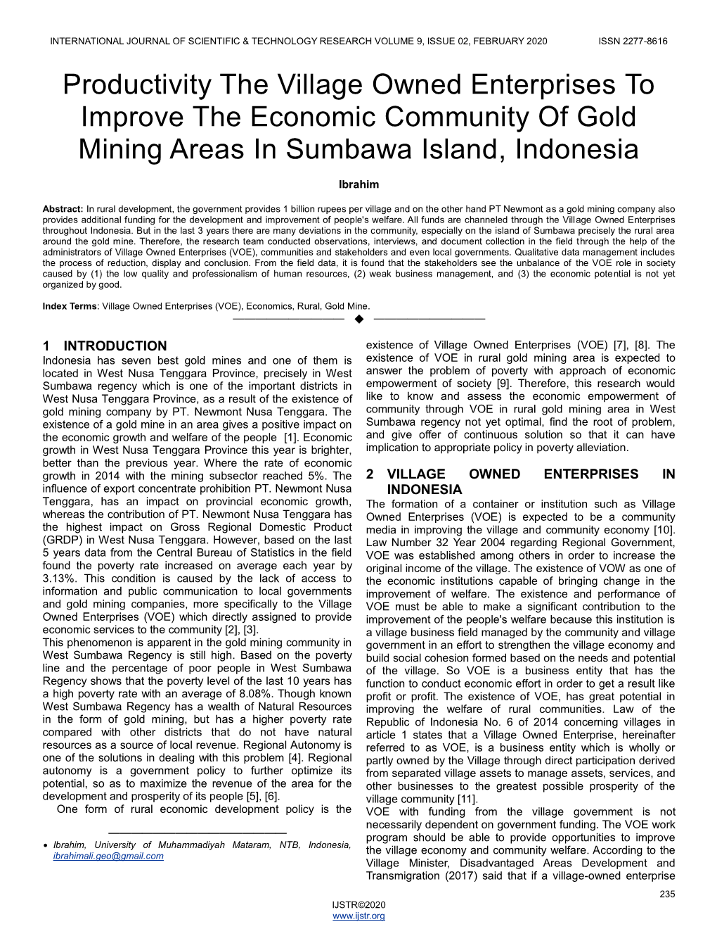 Productivity the Village Owned Enterprises to Improve the Economic Community of Gold Mining Areas in Sumbawa Island, Indonesia