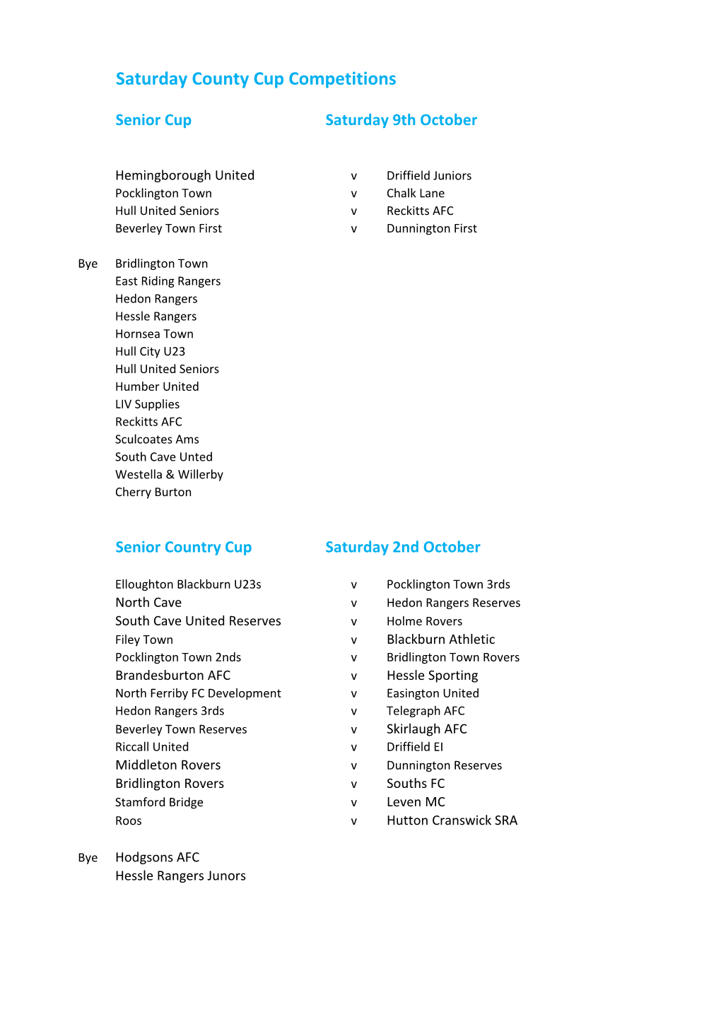 Saturday County Cup Competitions