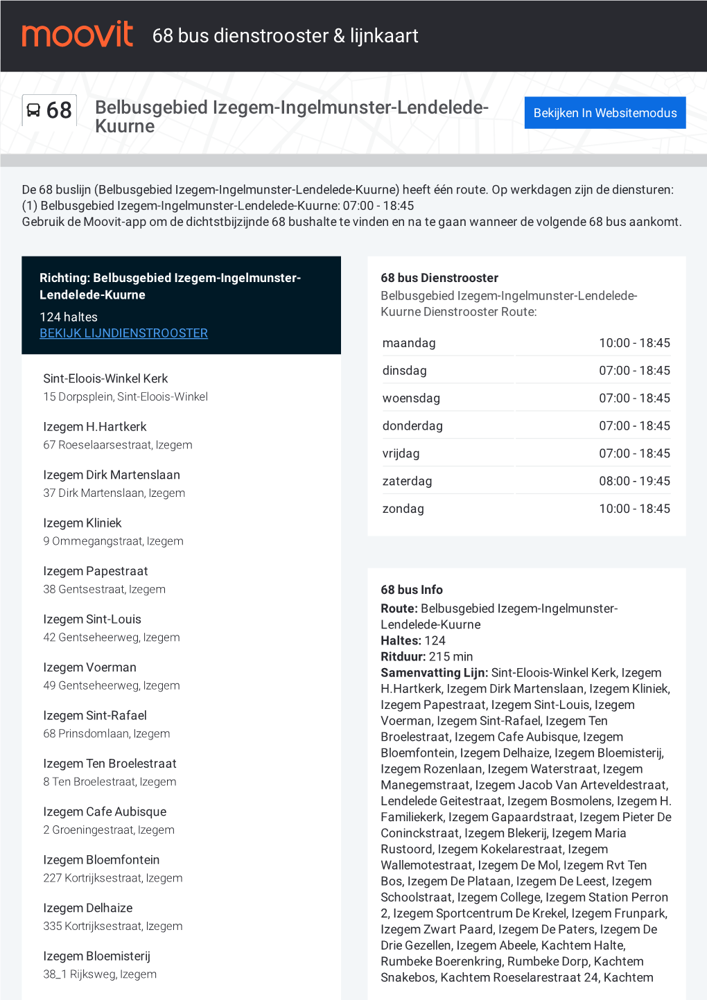 68 Bus Dienstrooster & Lijnroutekaart