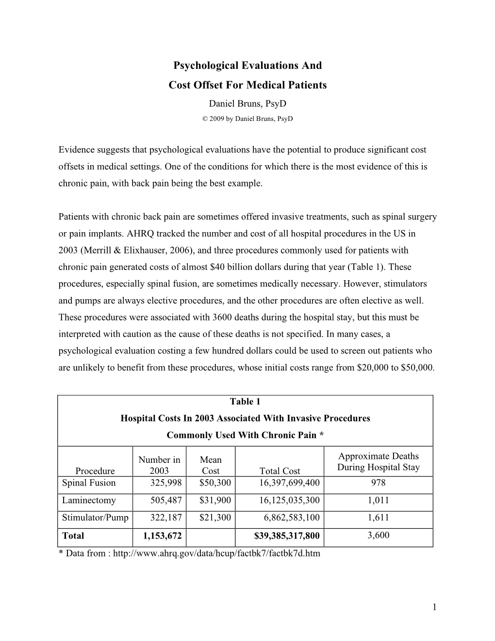 Psychological Evaluations and Cost Offset for Medical Patients Daniel Bruns, Psyd © 2009 by Daniel Bruns, Psyd