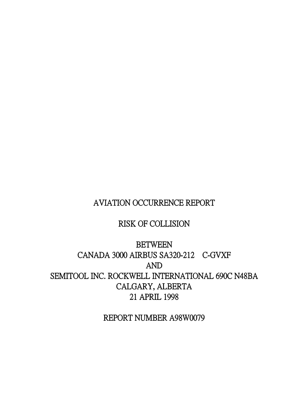 Aviation Occurrence Report Risk of Collision Between