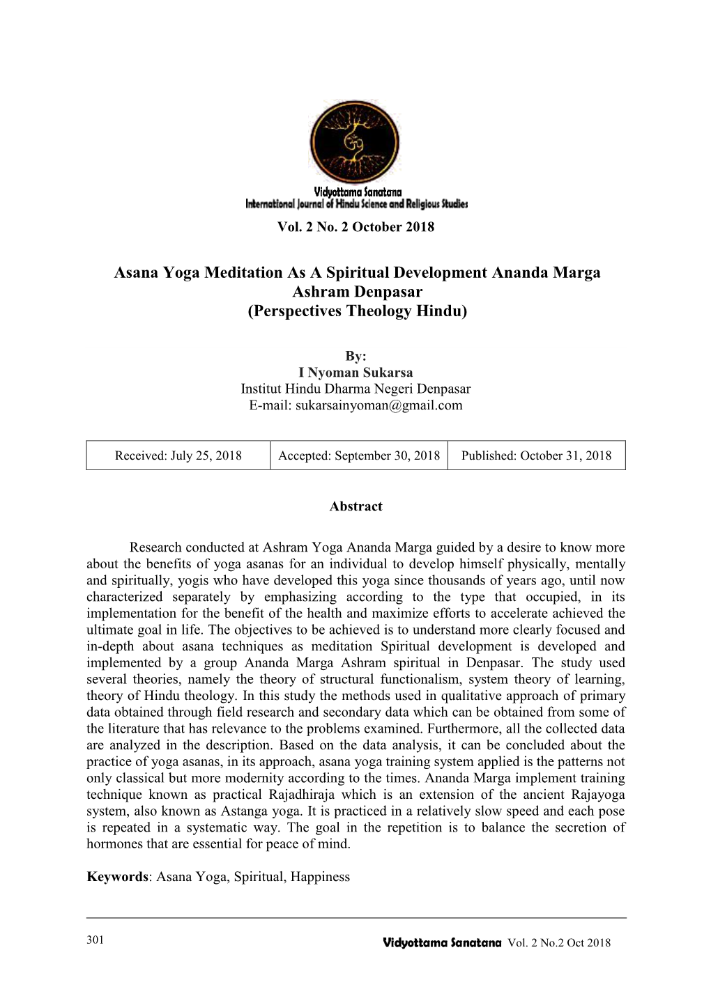 Asana Yoga Meditation As a Spiritual Development Ananda Marga Ashram Denpasar (Perspectives Theology Hindu)