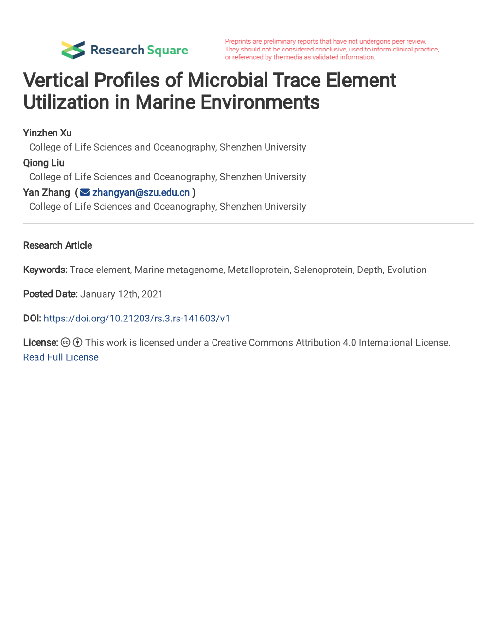 Vertical Pro Les of Microbial Trace Element Utilization in Marine