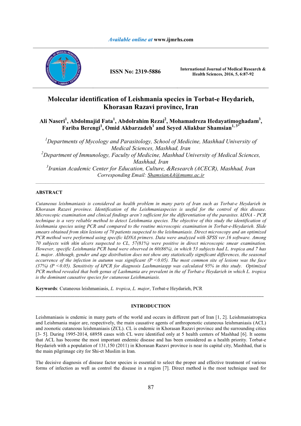 Molecular Identification of Leishmania Species in Torbat-E Heydarieh, Khorasan Razavi Province, Iran