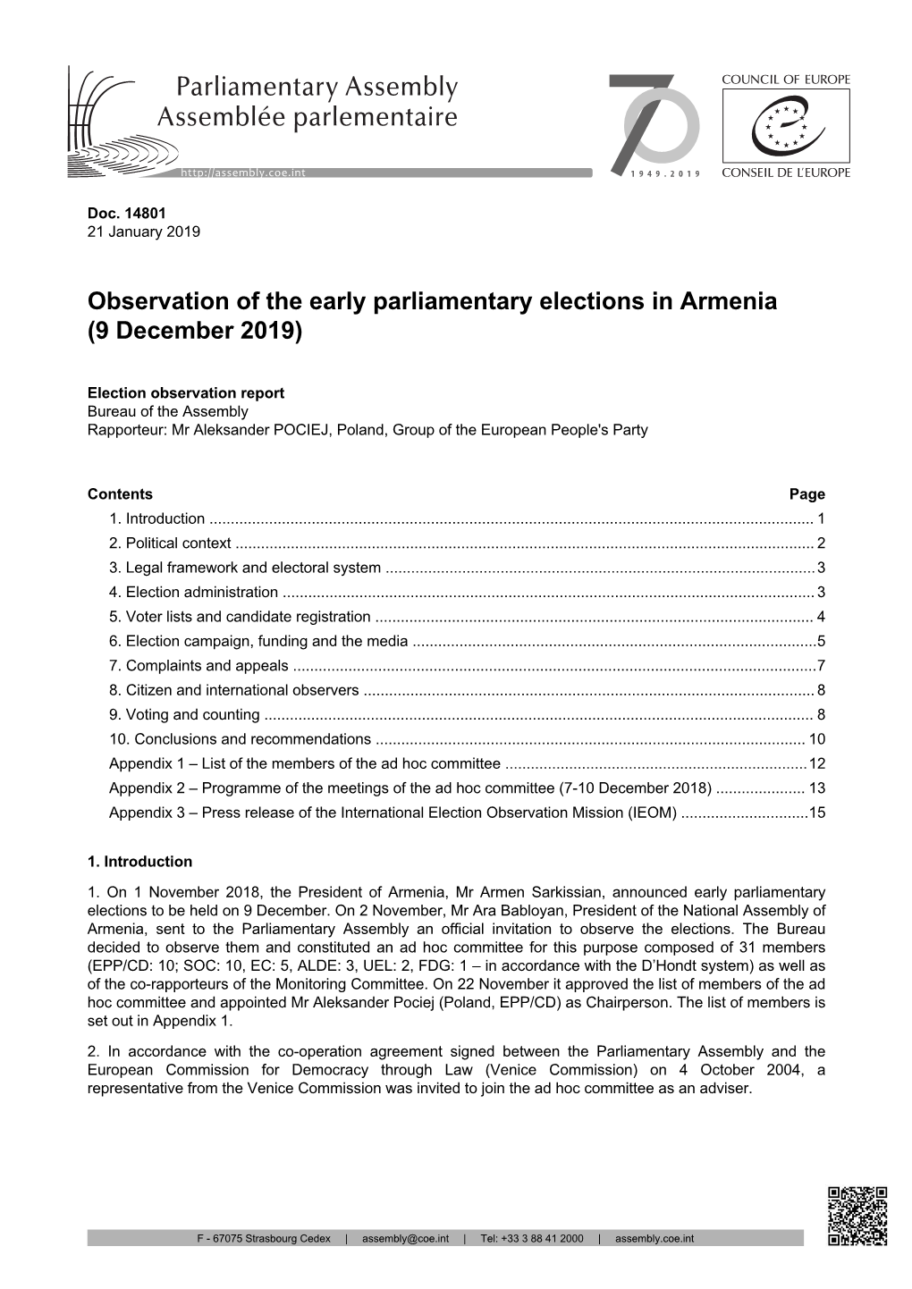 Observation of the Early Parliamentary Elections in Armenia (9 December 2019)
