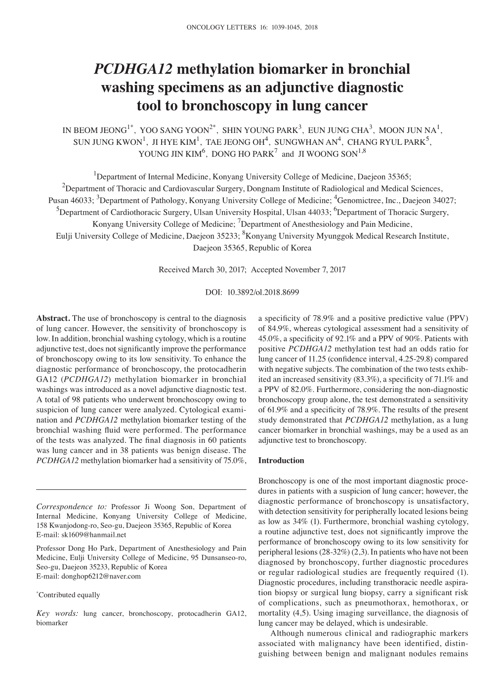 PCDHGA12 Methylation Biomarker in Bronchial Washing Specimens As an Adjunctive Diagnostic Tool to Bronchoscopy in Lung Cancer