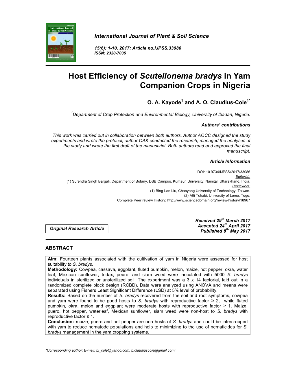 Host Efficiency of Scutellonema Bradys in Yam Companion Crops in Nigeria