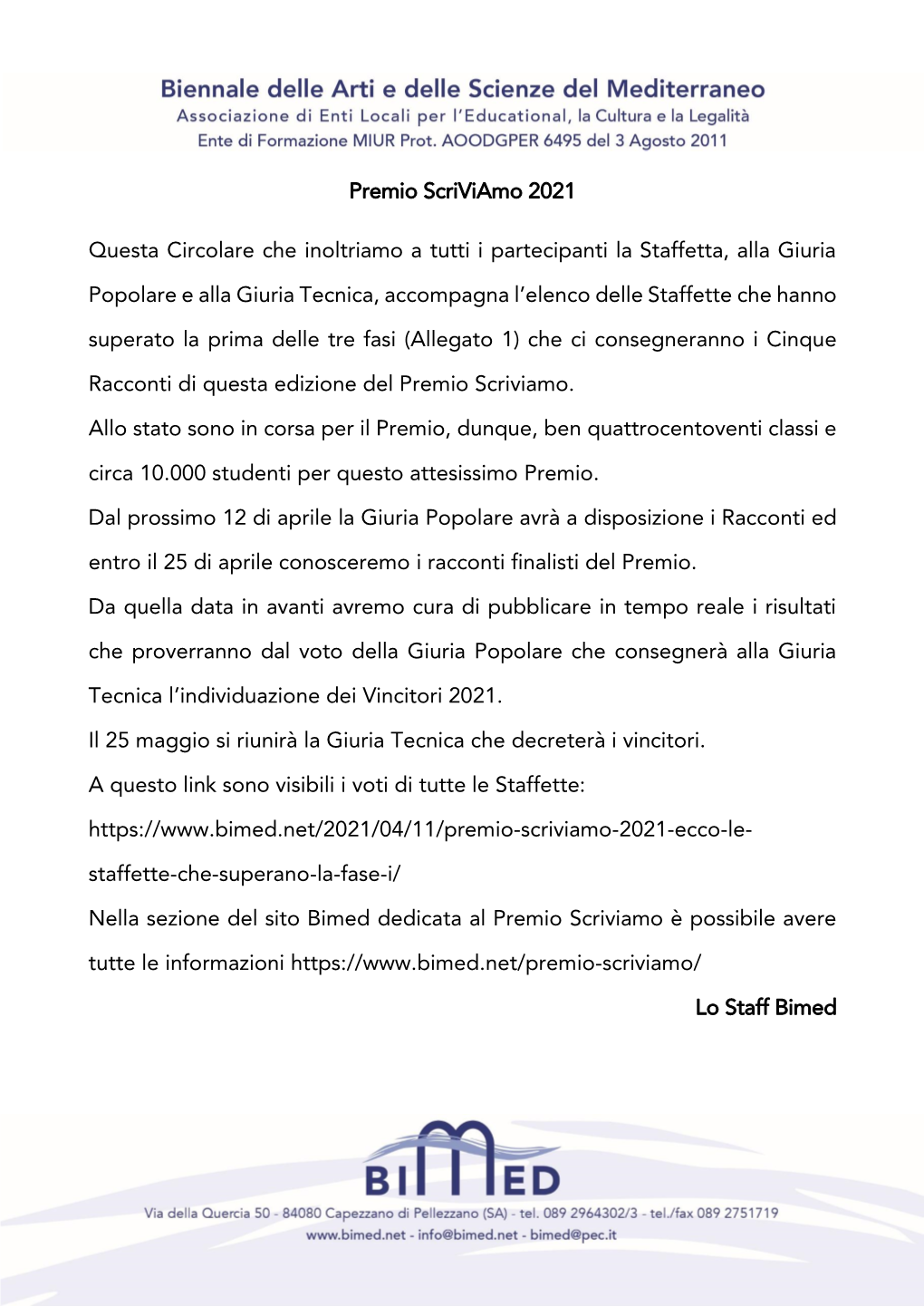 Premio Scriviamo 2021 Questa Circolare Che Inoltriamo a Tutti I Partecipanti La Staffetta, Alla Giuria Popolare E Alla Giuria Te