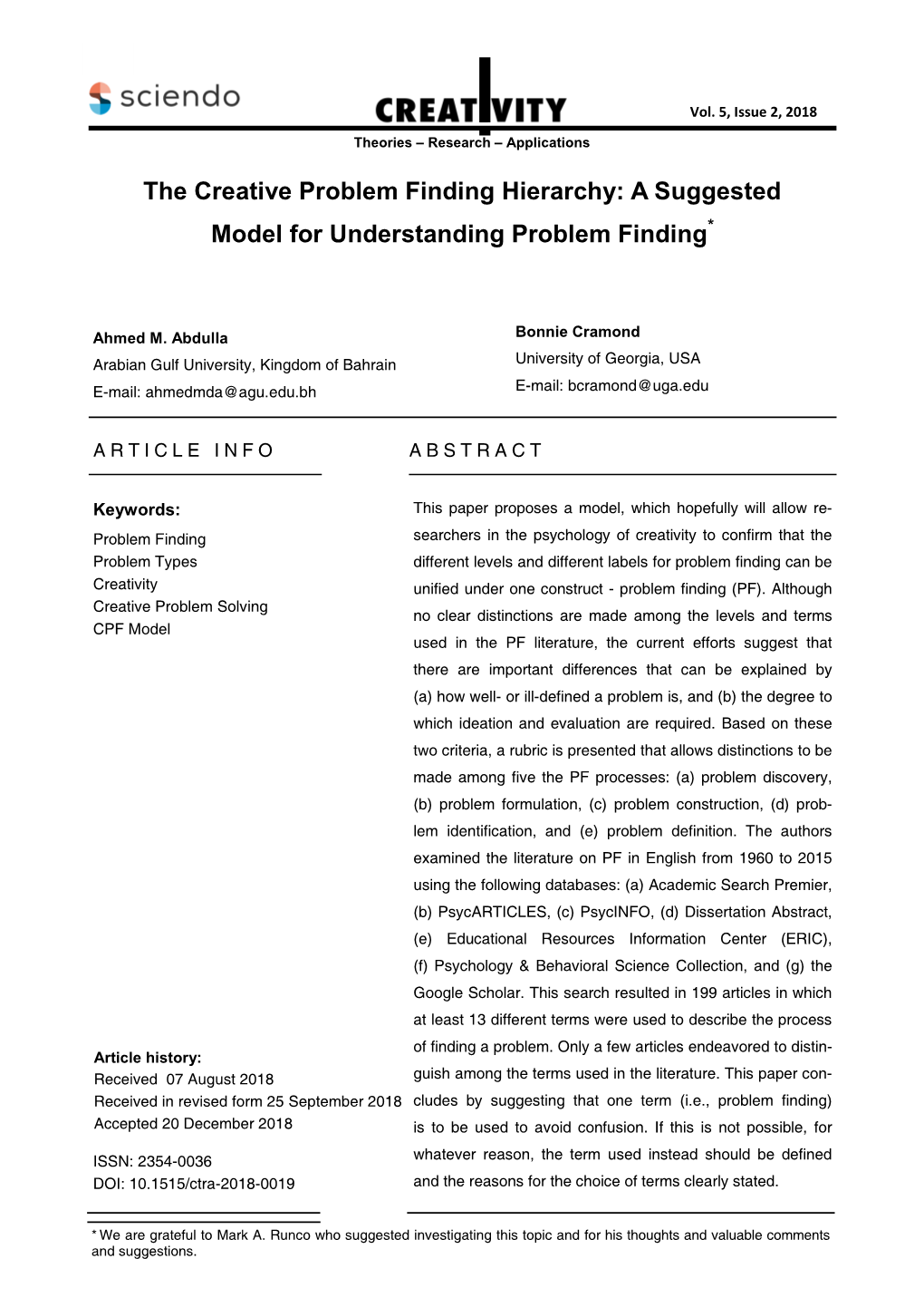 The Creative Problem Finding Hierarchy: a Suggested Model for Understanding Problem Finding*