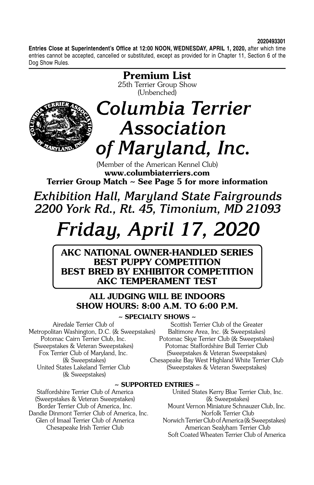 Columbia Terrier Association of Maryland, Inc. Friday, April 17, 2020