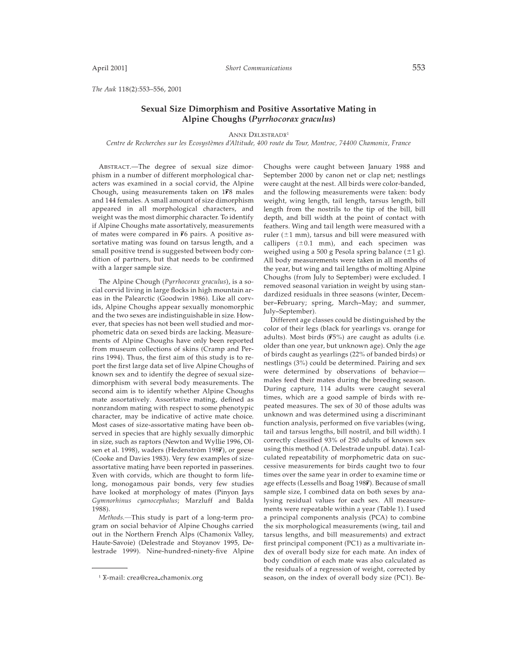 Sexual Size Dimorphism and Positive Assortative Mating in Alpine Choughs (Pyrrhocorax Graculus)