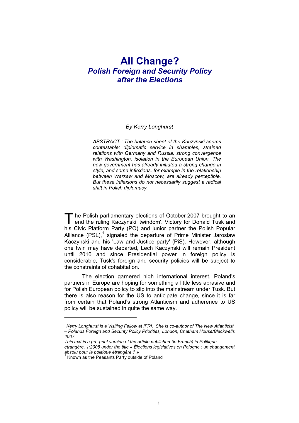 All Change? Polish Foreign and Security Policy After the Elections