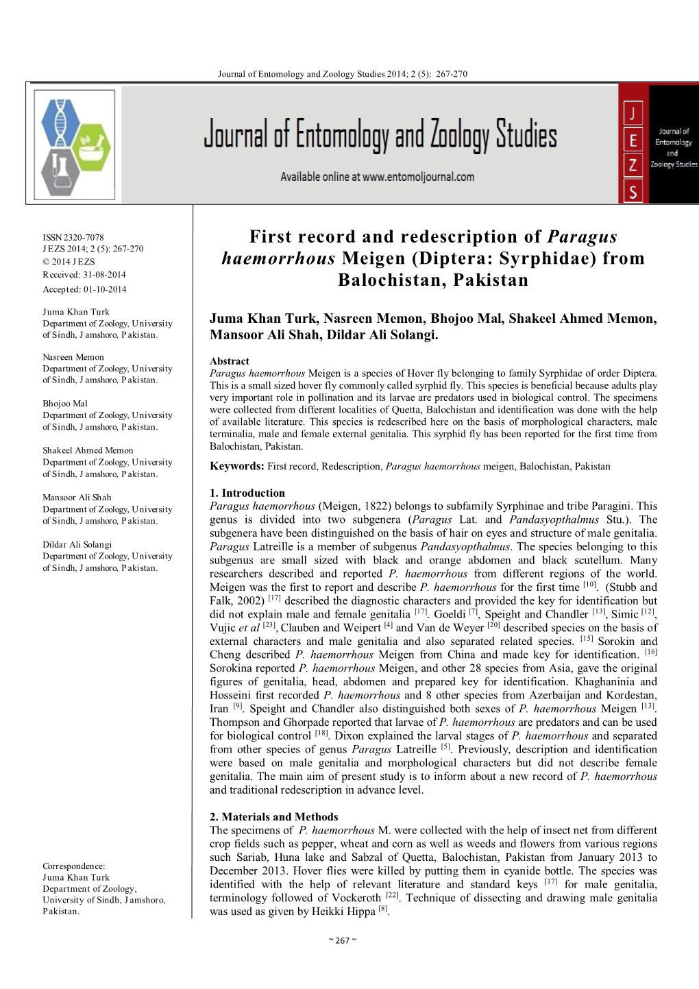 First Record and Redescription of Paragus Haemorrhous Meigen (Diptera: Syrphidae) from Balochistan, Pakistan