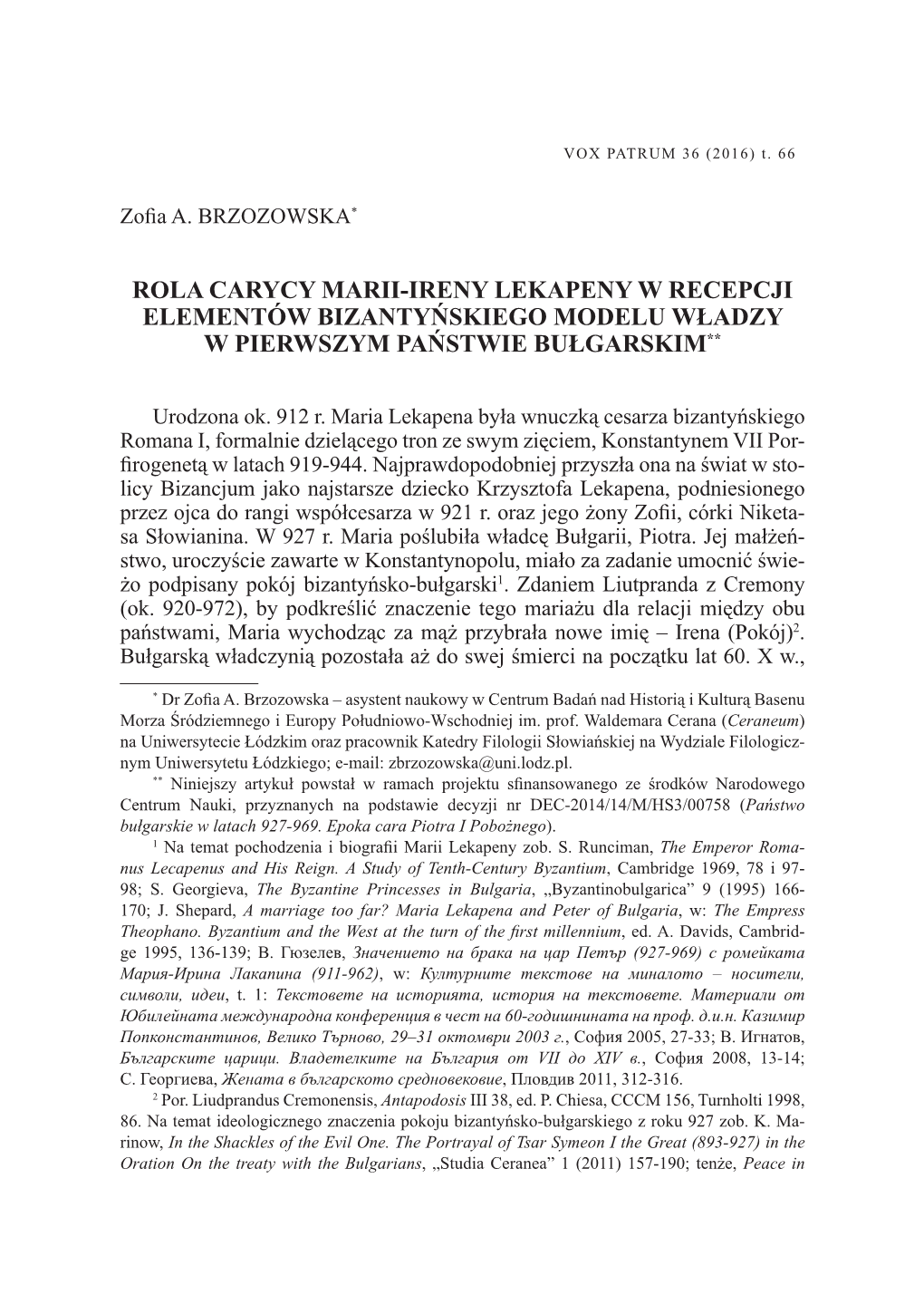 Rola Carycy Marii-Ireny Lekapeny W Recepcji Elementów Bizantyńskiego Modelu Władzy W Pierwszym Państwie Bułgarskim**