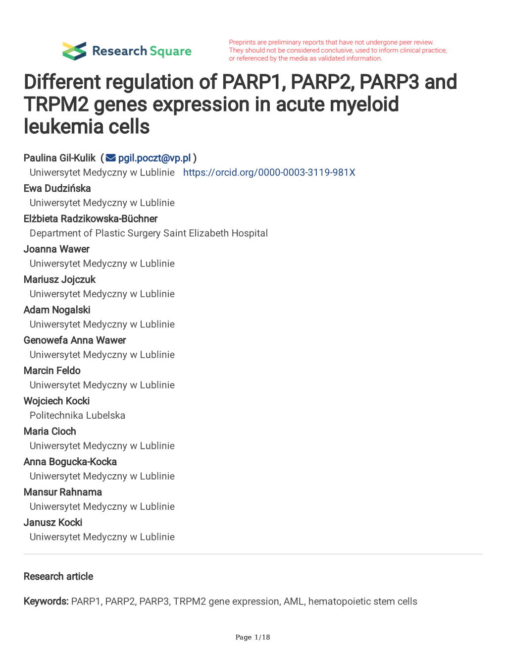 Different Regulation of PARP1, PARP2, PARP3 and TRPM2 Genes Expression in Acute Myeloid Leukemia Cells