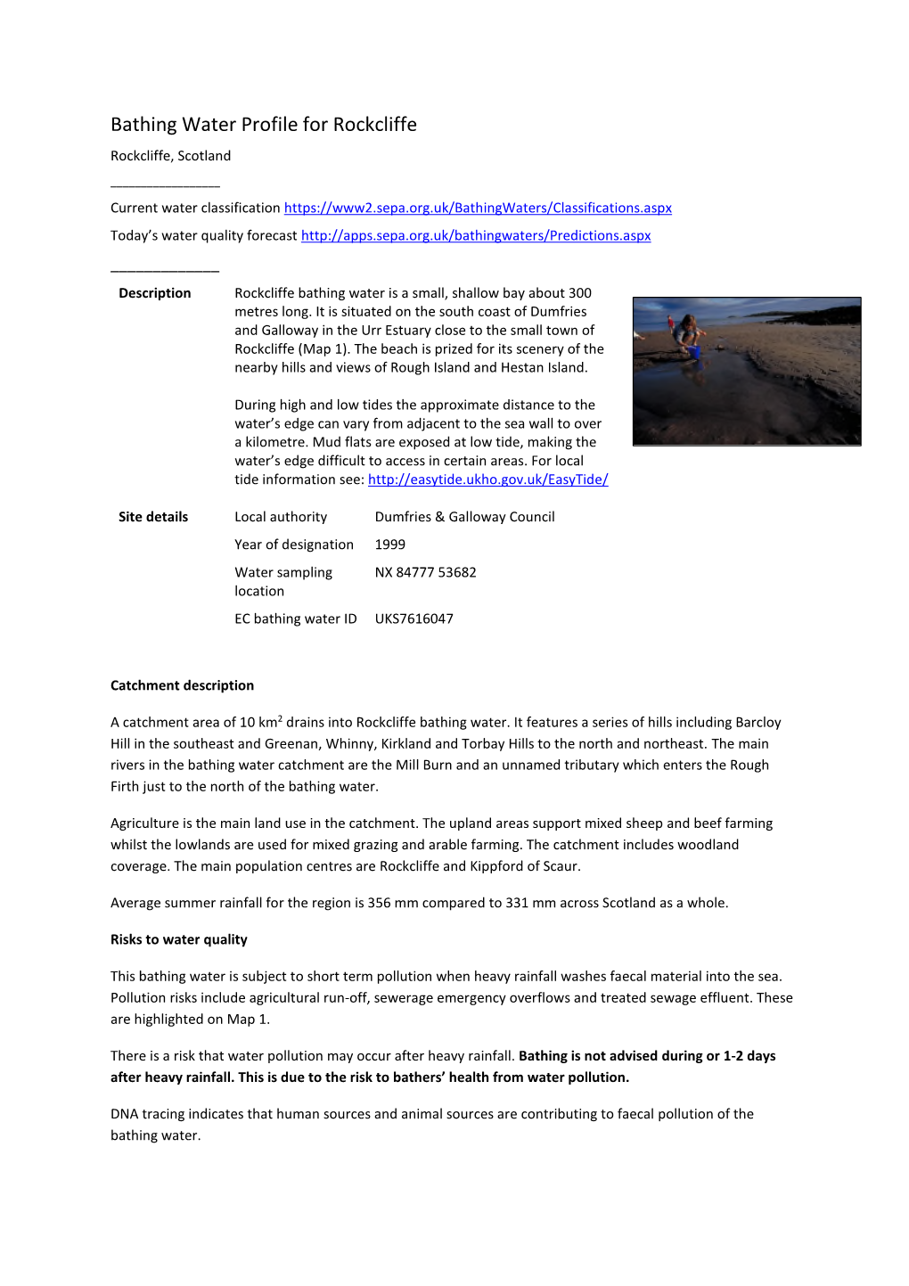 Bathing Water Profile for Rockcliffe