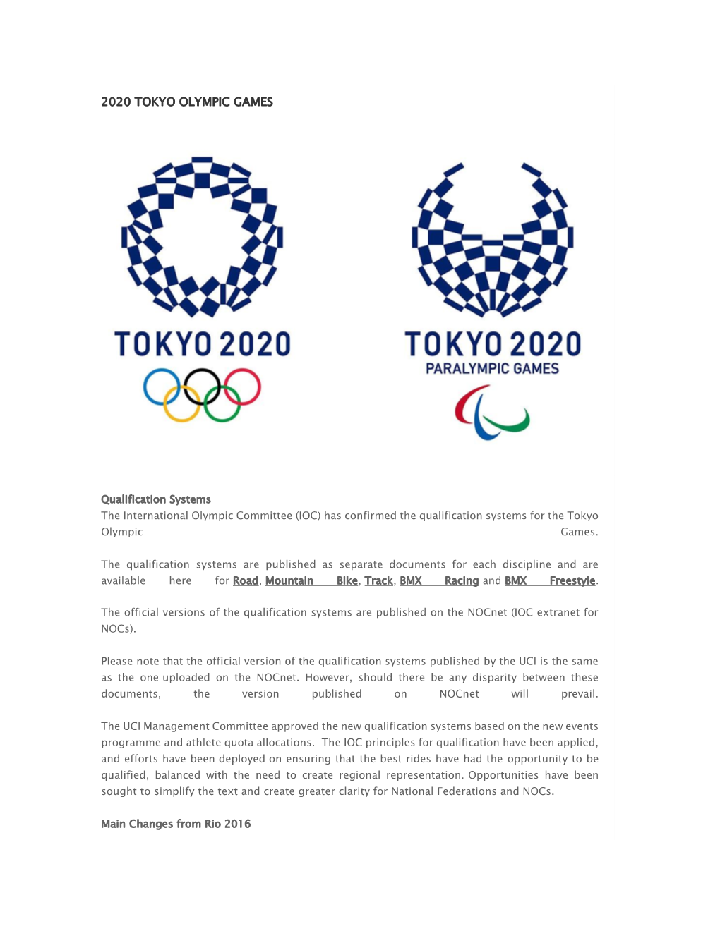 IOC Has Confirmed the Qualification Systems for the Tokyo Olympic Games