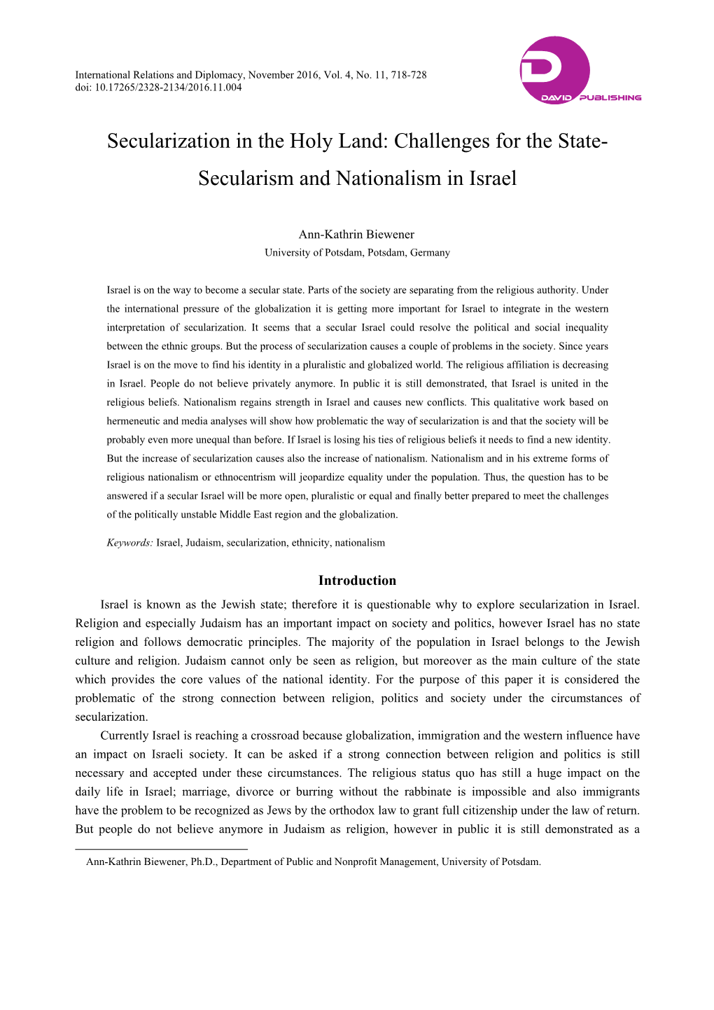 Challenges for the State- Secularism and Nationalism in Israel