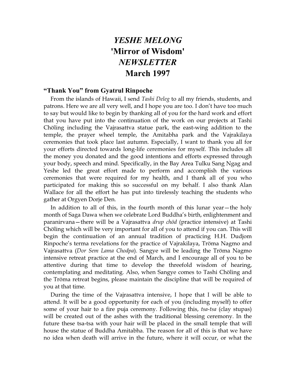 YESHE MELONG 'Mirror of Wisdom' NEWSLETTER March 1997