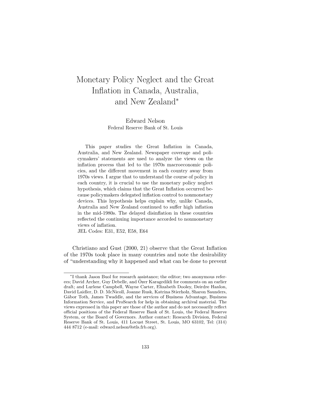 Monetary Policy Neglect and the Great Inflation in Canada, Australia, And