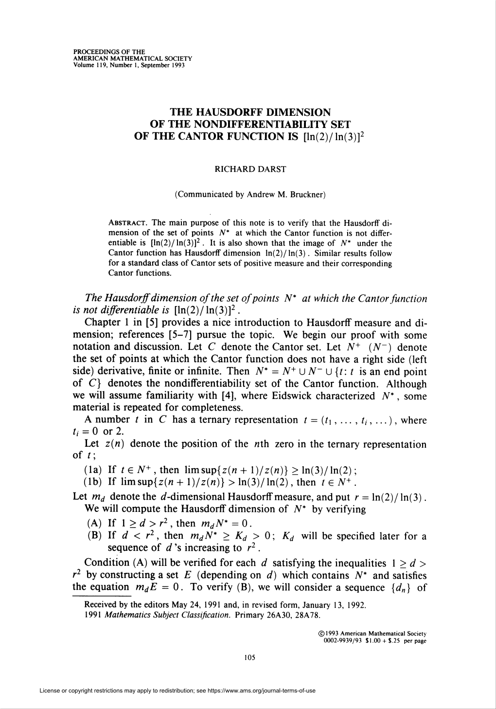 THE HAUSDORFF DIMENSION of the NONDIFFERENTIABILITY SET of the CANTOR FUNCTION IS [Ln(2)/Ln(3)]2