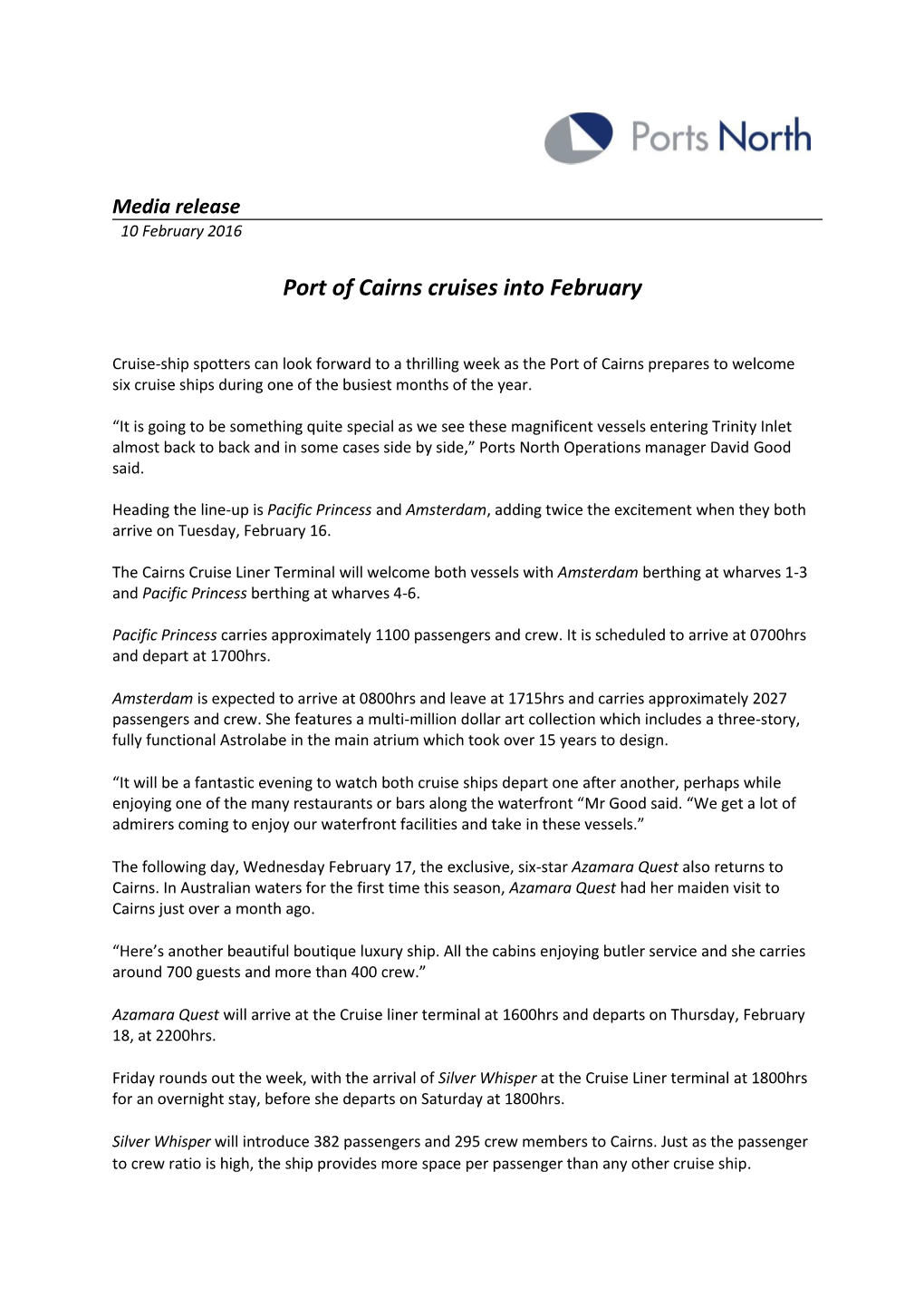 Port of Cairns Cruises Into February