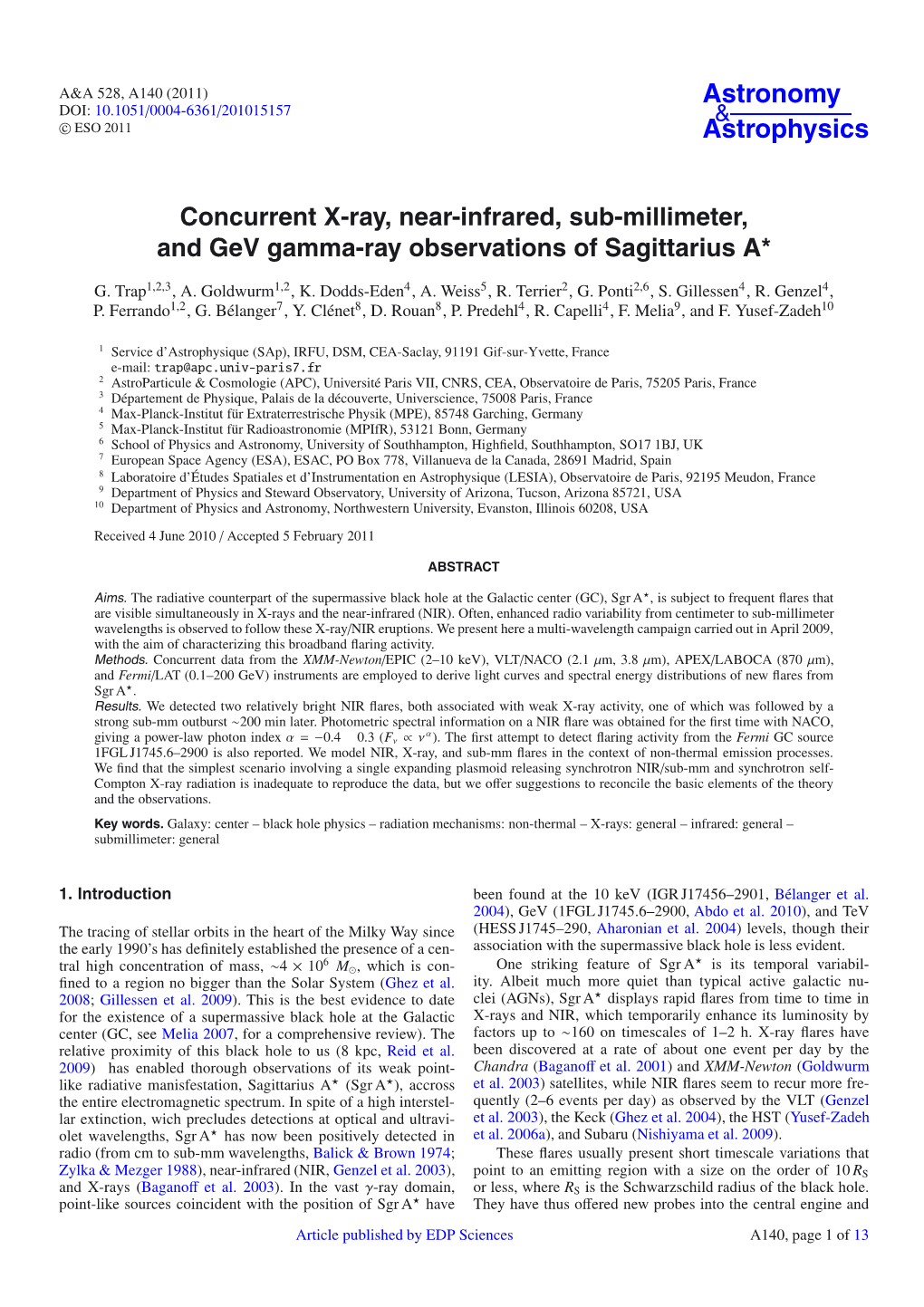 Concurrent X-Ray, Near-Infrared, Sub-Millimeter, and Gev Gamma-Ray Observations of Sagittarius A*