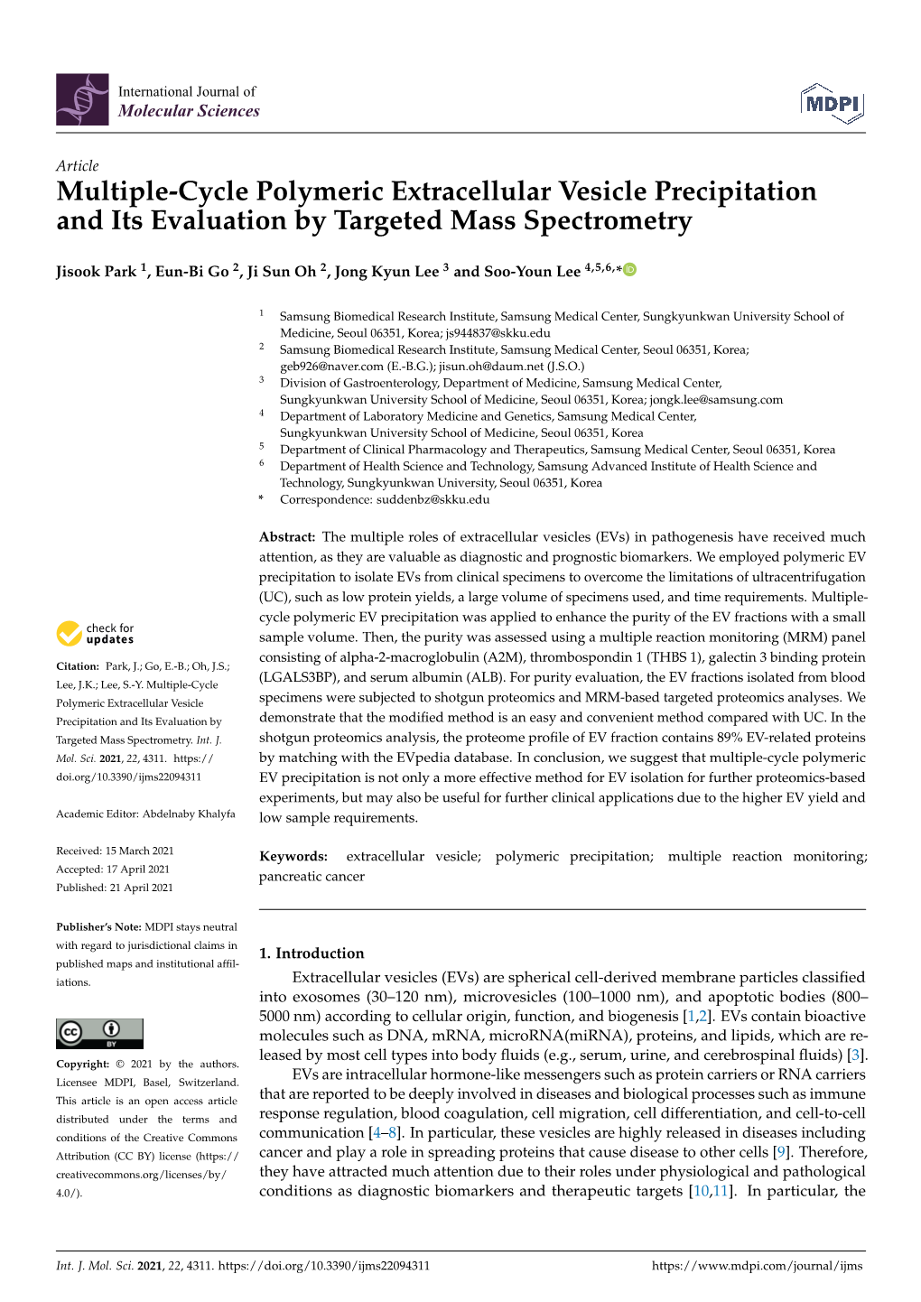 Multiple-Cycle Polymeric Extracellular Vesicle Precipitation and Its Evaluation by Targeted Mass Spectrometry