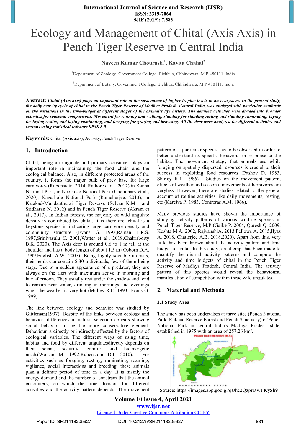 Ecology and Management of Chital (Axis Axis) in Pench Tiger Reserve in Central India