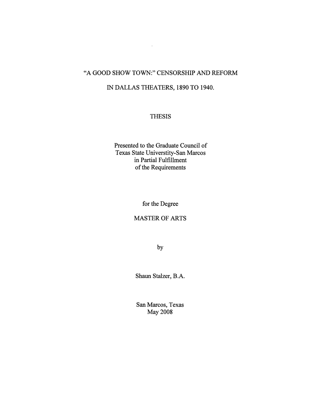 Censorship and Reform in Dallas Theaters, 1890 To