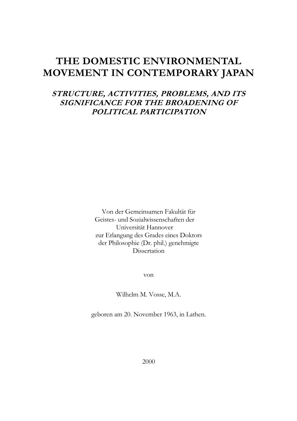 The Domestic Environmental Movement in Contemporary Japan