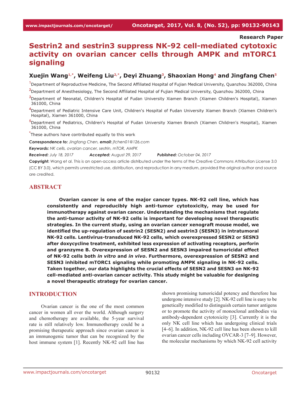 Sestrin2 and Sestrin3 Suppress NK-92 Cell-Mediated Cytotoxic Activity on Ovarian Cancer Cells Through AMPK and Mtorc1 Signaling