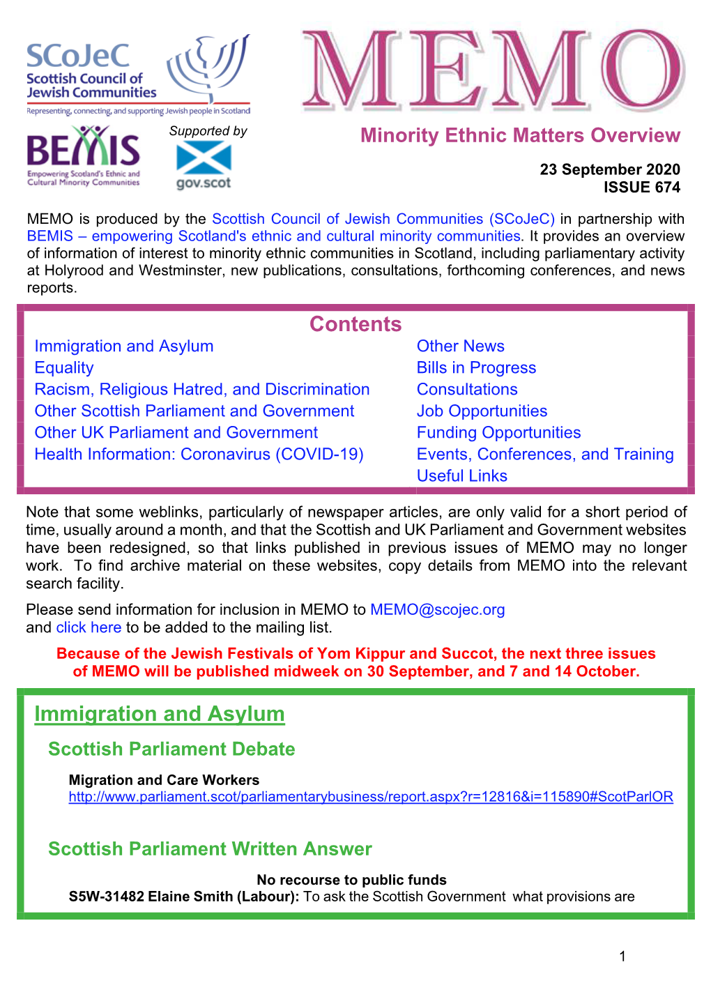 MEMO Is Produced by the Scottish Council of Jewish Communities (Scojec) in Partnership with BEMIS – Empowering Scotland's Ethnic and Cultural Minority Communities