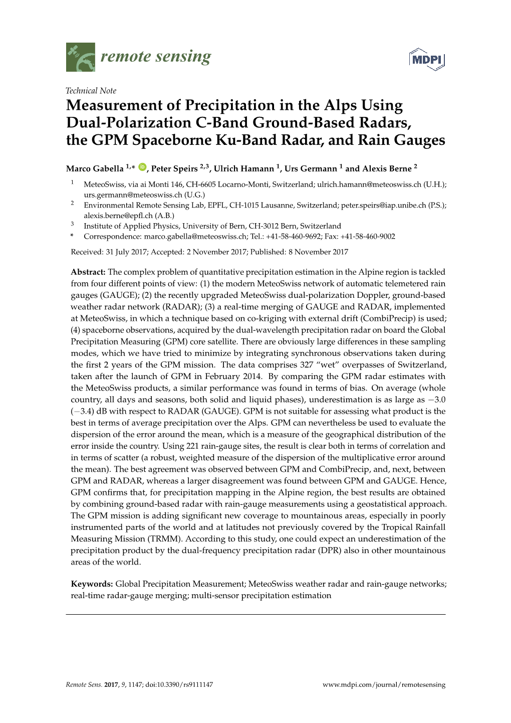 Measurement of Precipitation in the Alps Using Dual-Polarization C-Band Ground-Based Radars, the GPM Spaceborne Ku-Band Radar, and Rain Gauges