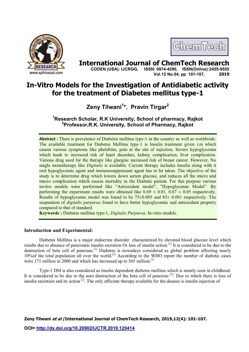 In-Vitro Models for the Investigation of Antidiabetic Activity for the Treatment of Diabetes Mellitus Type-1