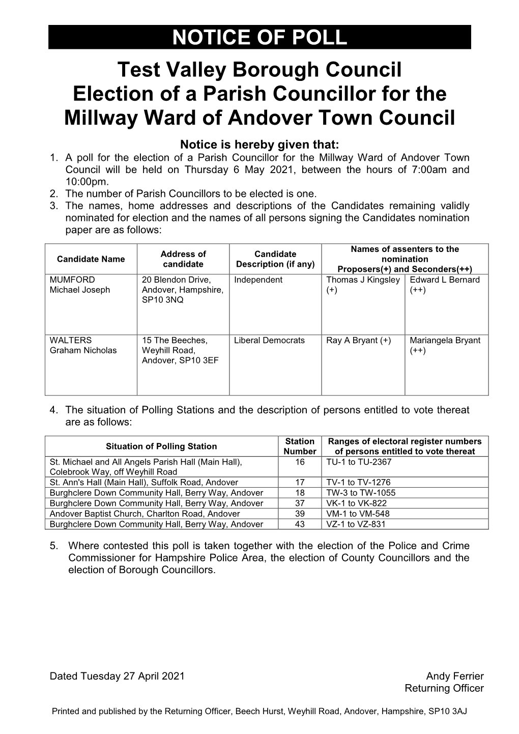 NOTICE of POLL Test Valley Borough Council Election of A