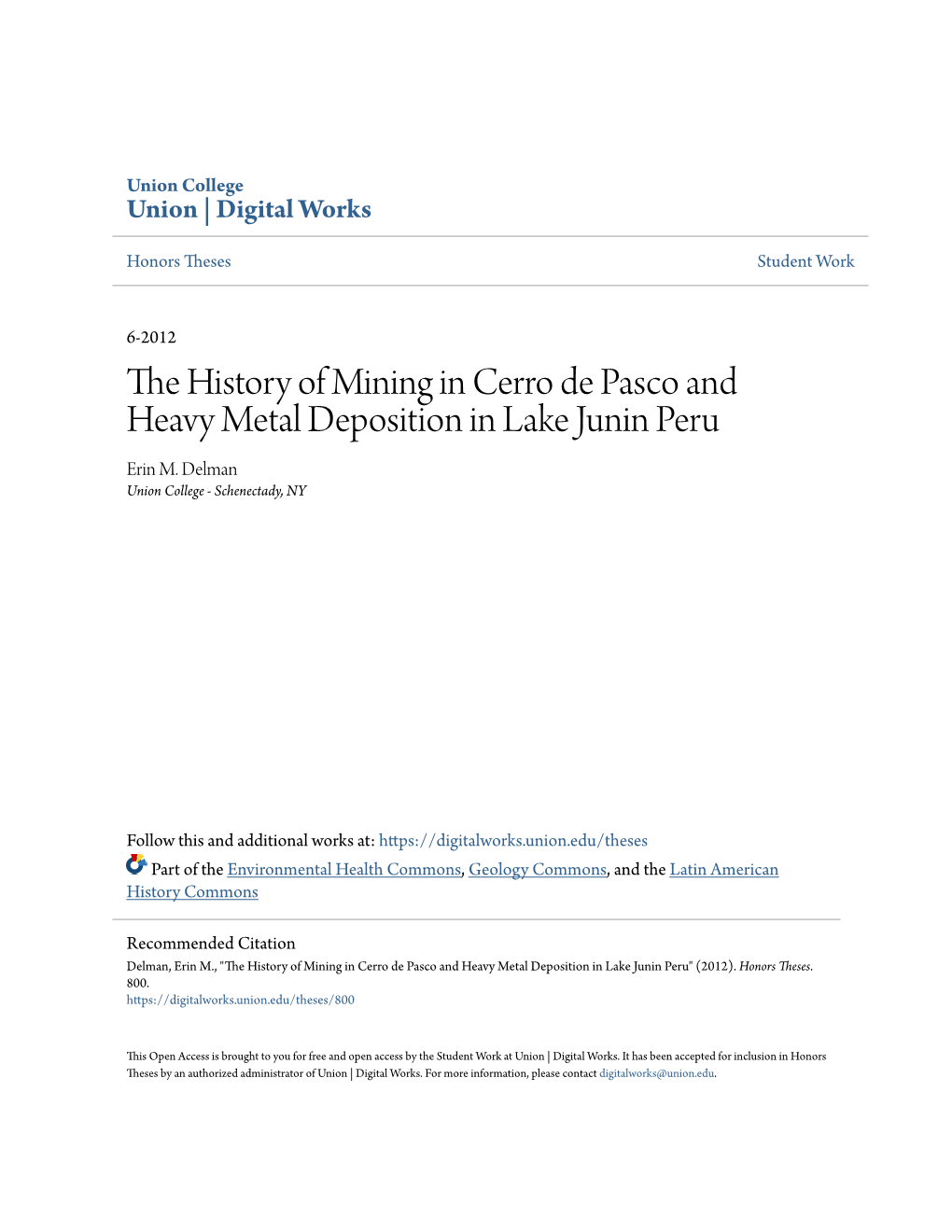 The History of Mining in Cerro De Pasco and Heavy Metal Deposition in Lake Junín Peru