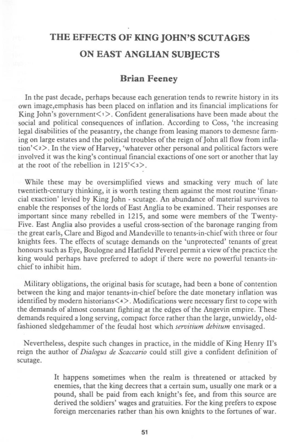 THE EFFECTS of KING JOHN's SCUTAGES on EAST ANGLIAN SUBJECTS Brian Feeney