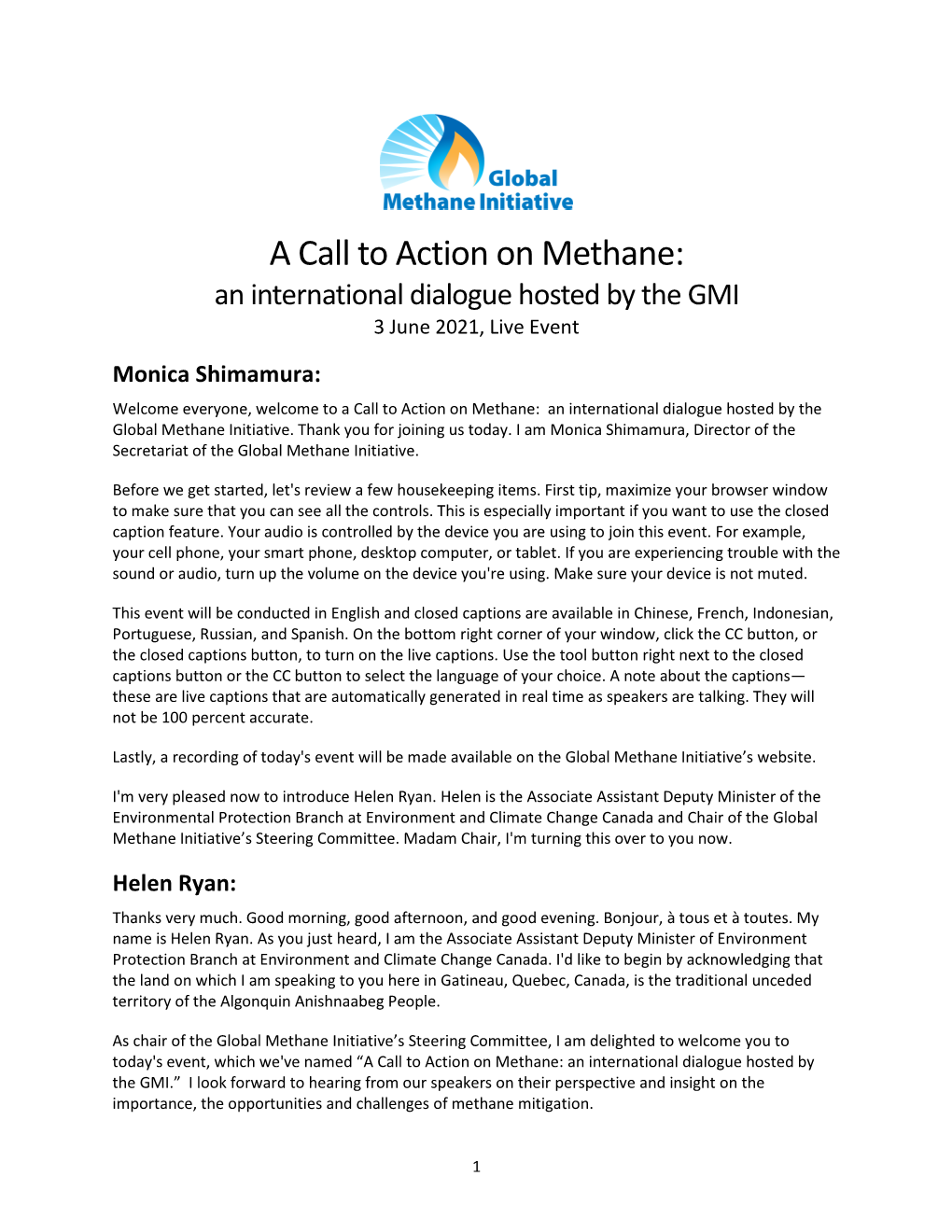 A Call to Action on Methane: an International Dialogue Hosted by the GMI 3 June 2021, Live Event