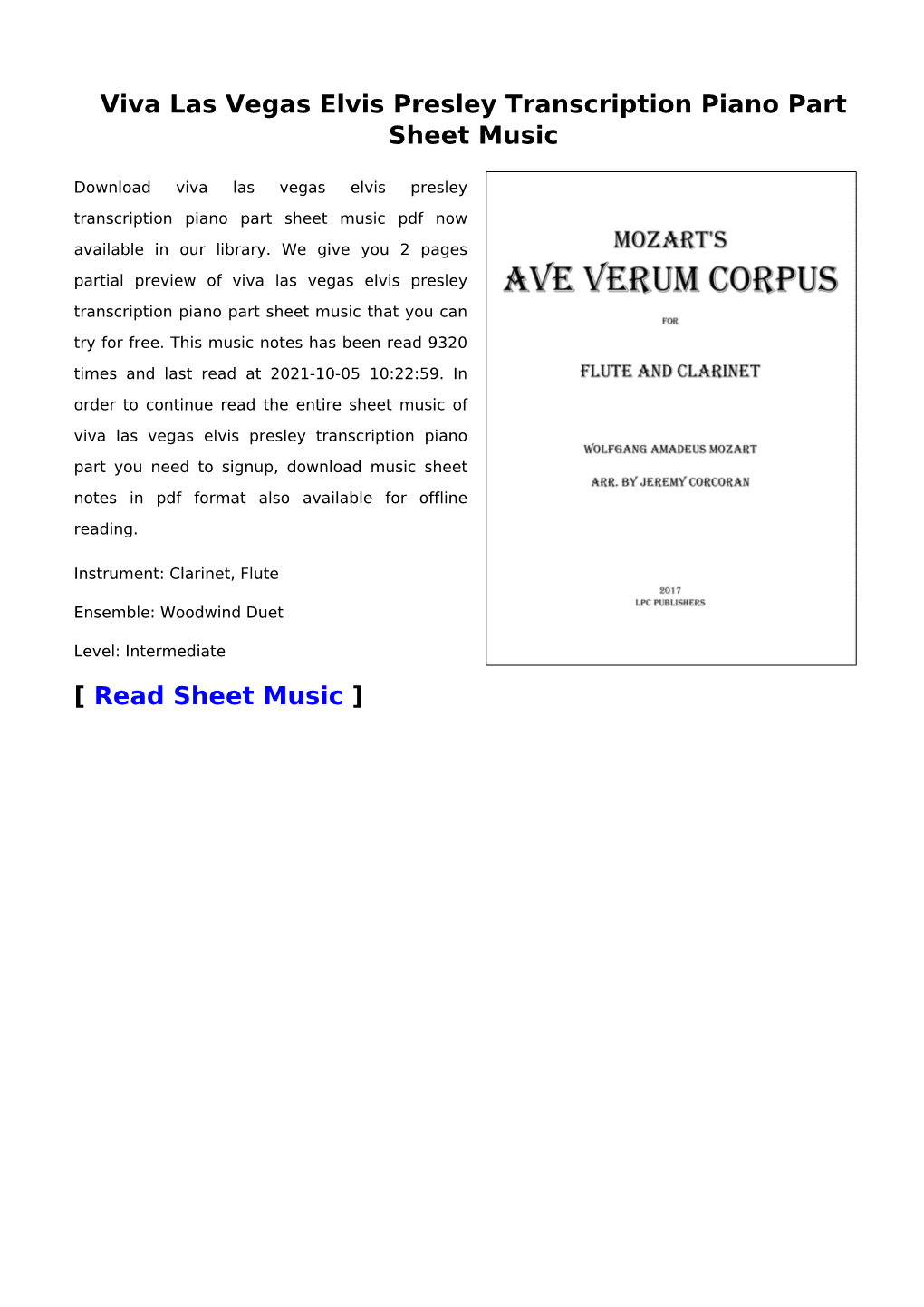 Viva Las Vegas Elvis Presley Transcription Piano Part Sheet Music