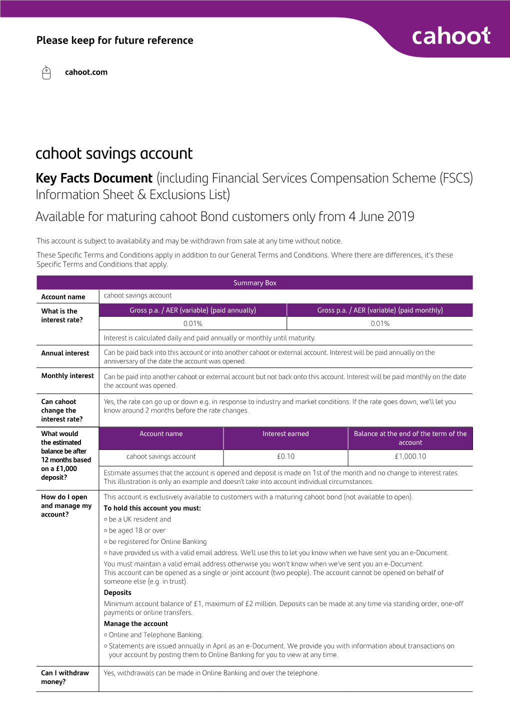 Cahoot Savings Account Key Facts Document