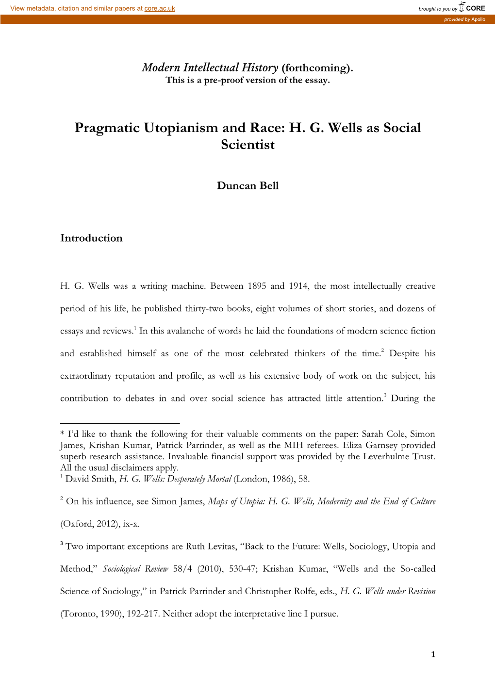 Pragmatic Utopianism and Race: H. G. Wells As Social Scientist